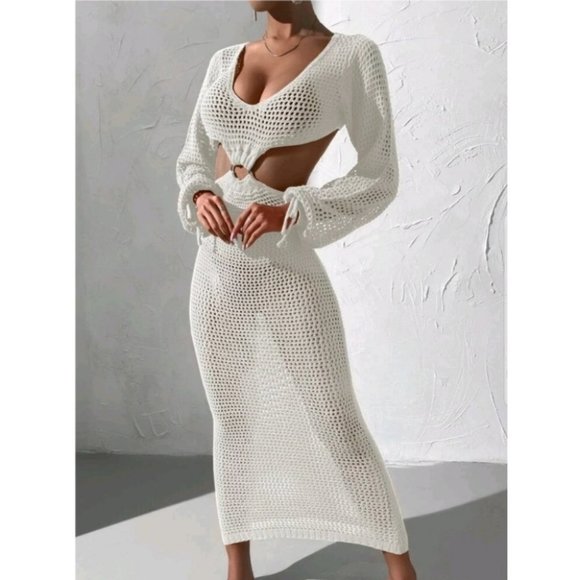 . Dresses & Skirts - White knit cut out cover up dress summer beachy vacay